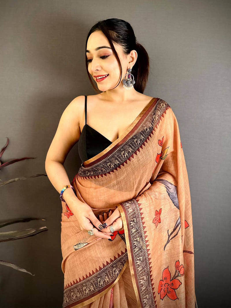 Radiance Linen Floral Kalamkari Saree