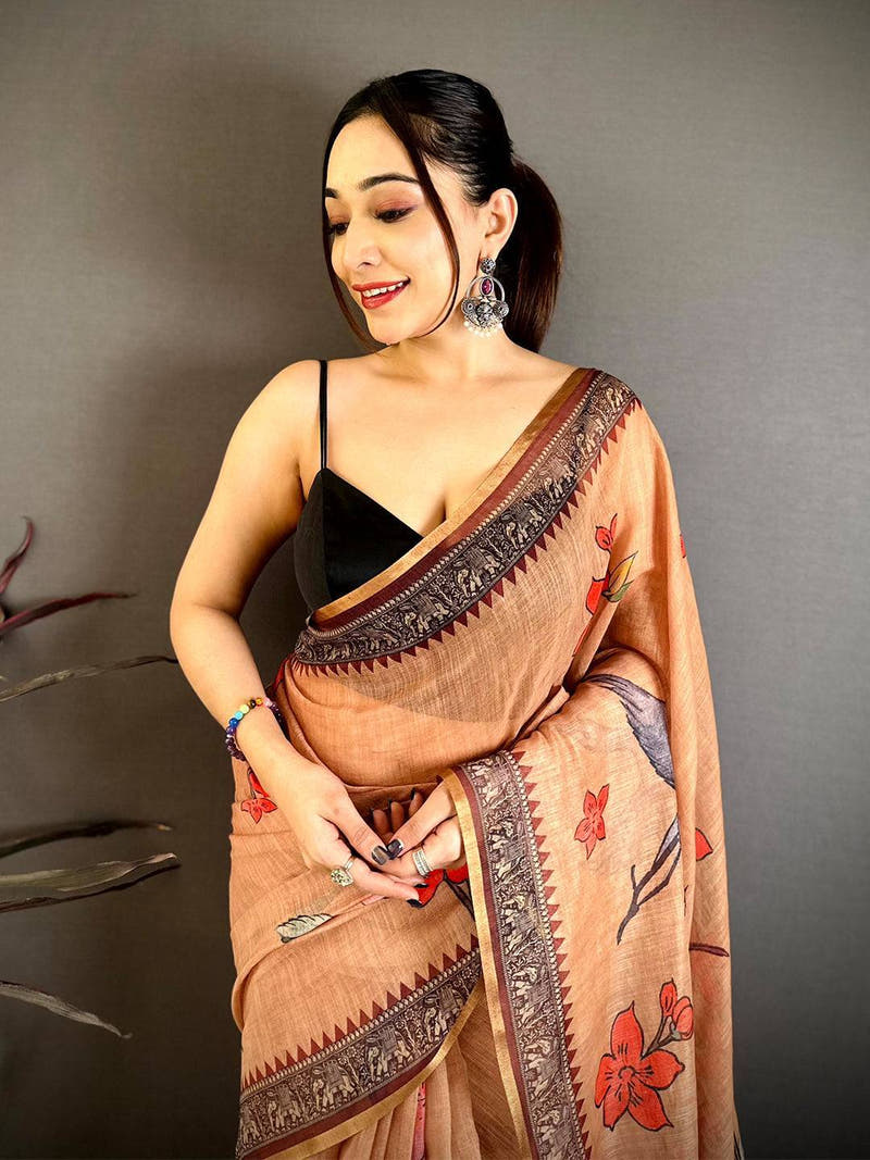 Radiance Linen Floral Kalamkari Saree