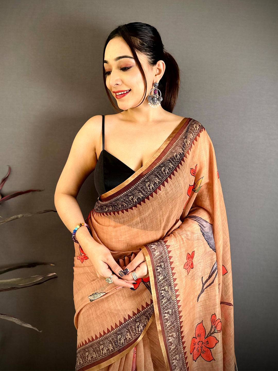 Radiance Linen Floral Kalamkari Saree