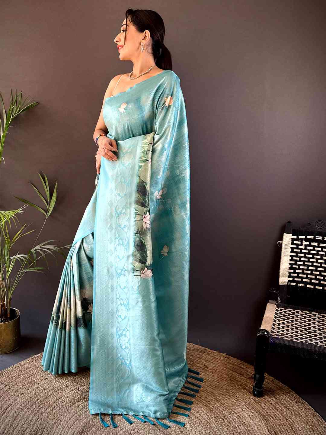 Turquoise Kanjivaram Digital Silk Saree