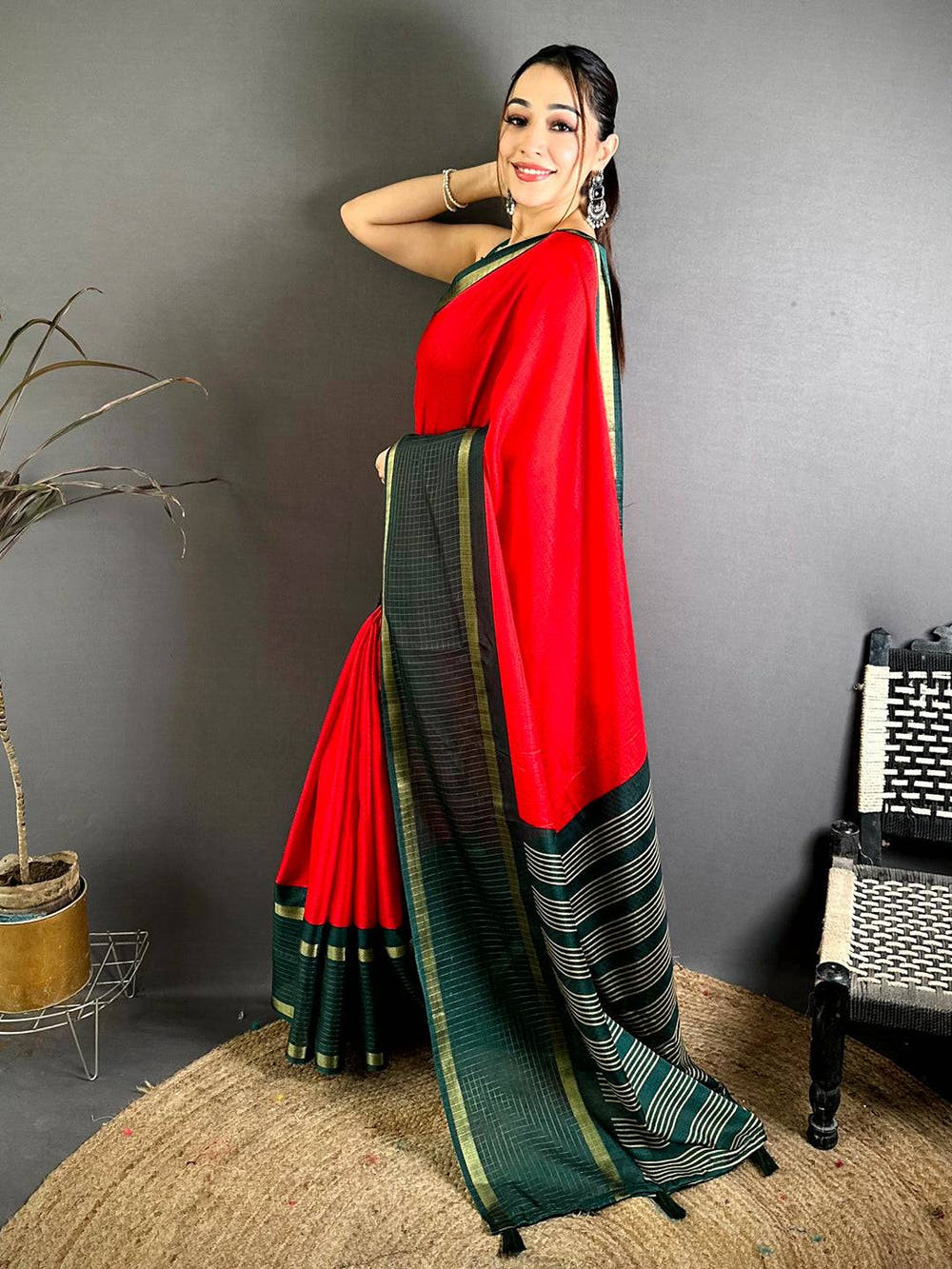 Red Soft Kota Crepe Contrast Border Saree
