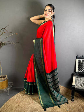 Red Soft Kota Crepe Contrast Border Saree