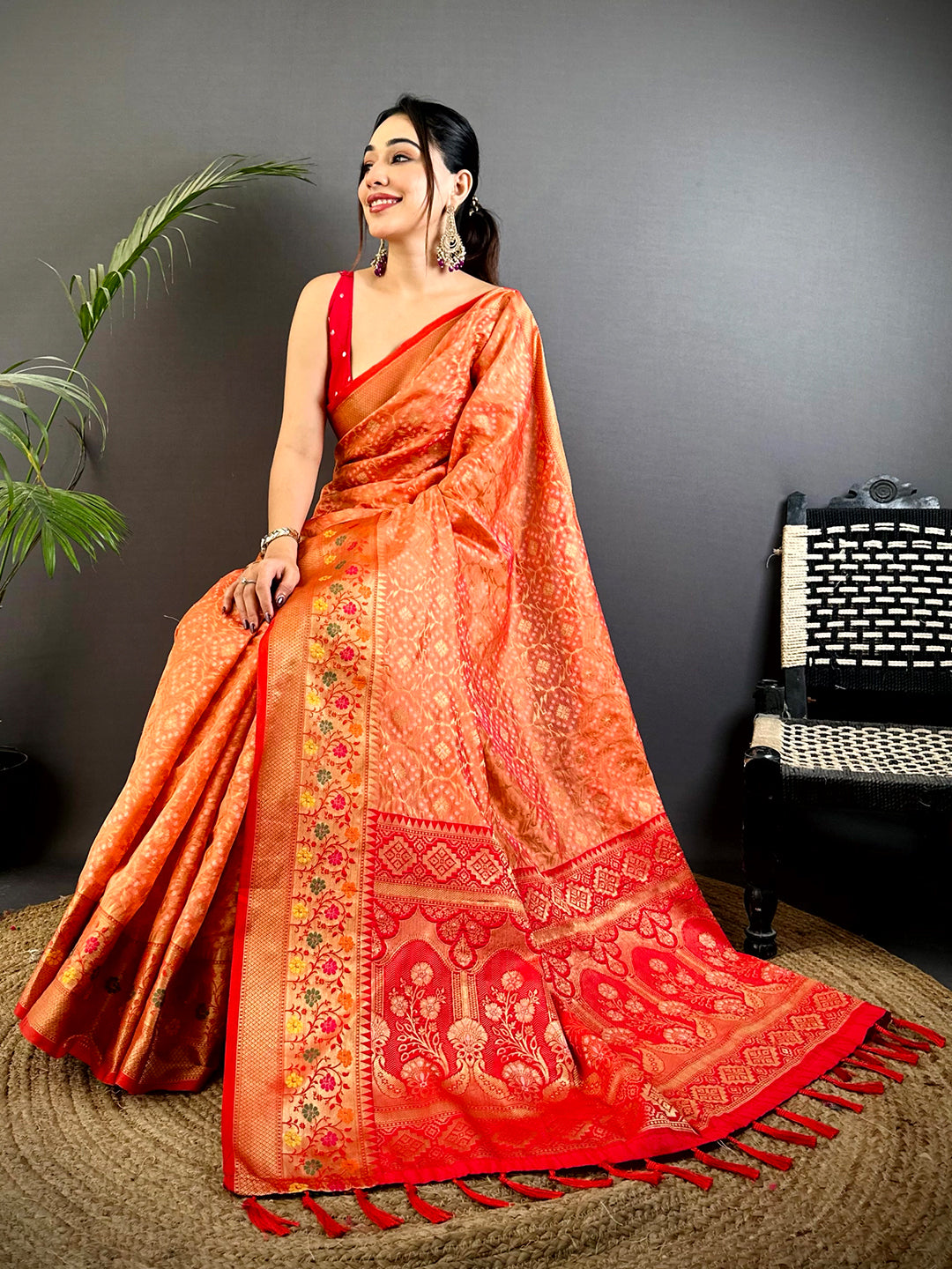 Peach Banarasi Minakari Katan Silk Saree