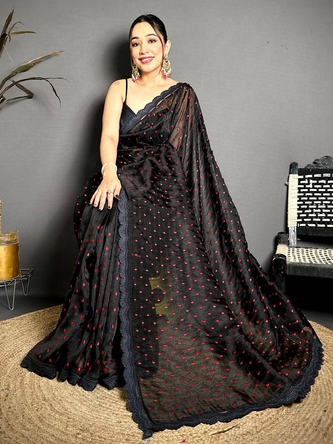 Black Soft Tissue Resham Polka Dot Saree