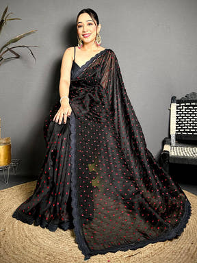 Black Soft Tissue Resham Polka Dot Saree