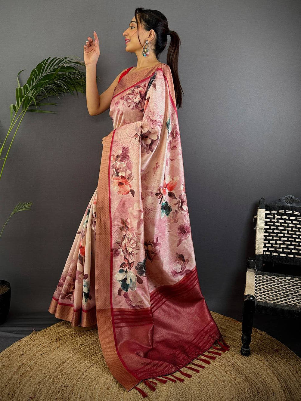 Radiant Pink Tussar Silk Digital Print Saree