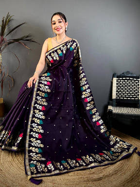 Purple Soft Satin Minakari Aari Work Saree