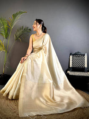 Classic Beige Saree With Gold Zari Border

