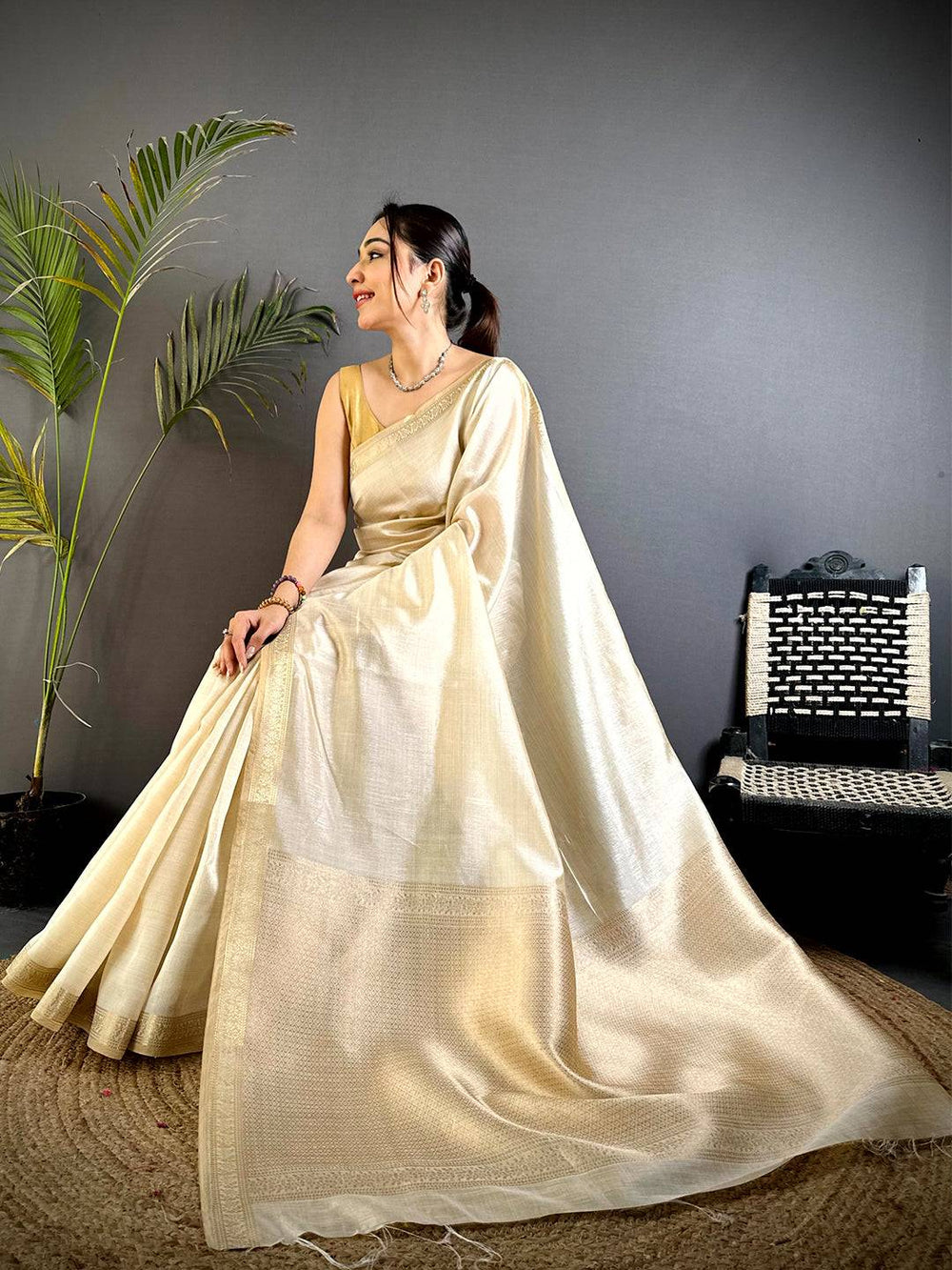 Classic Beige Saree With Gold Zari Border
