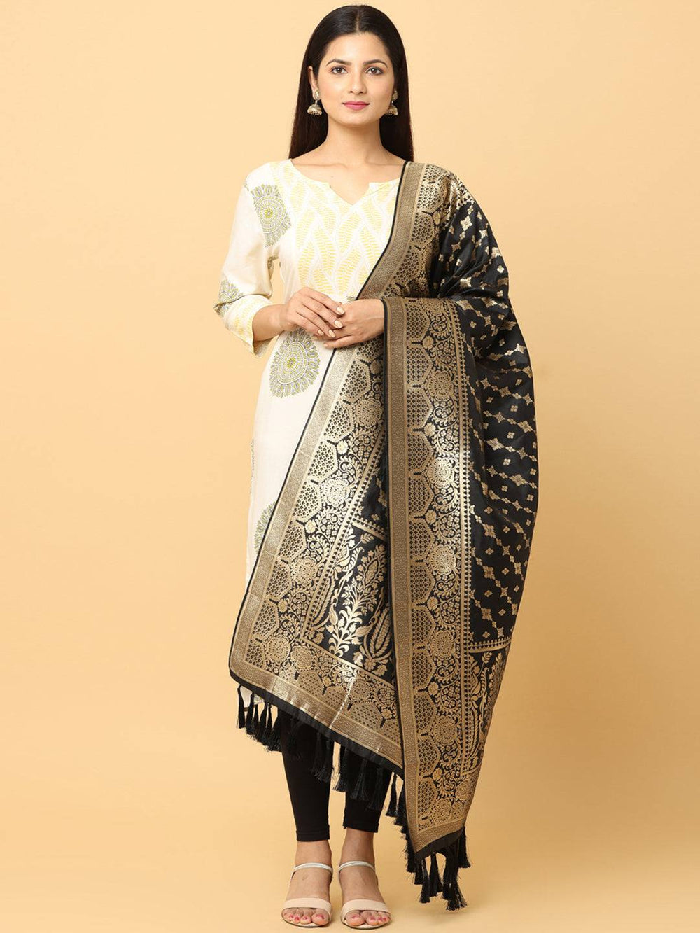 Front view of black silk blend dupatta with intricate patterns