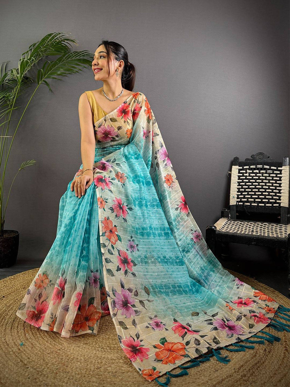 Turquoise Soft Organza Digital Floral Saree