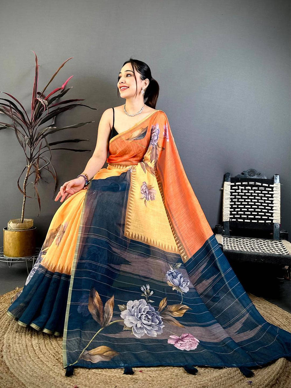 Royal Floral Linen Chanderi Saree