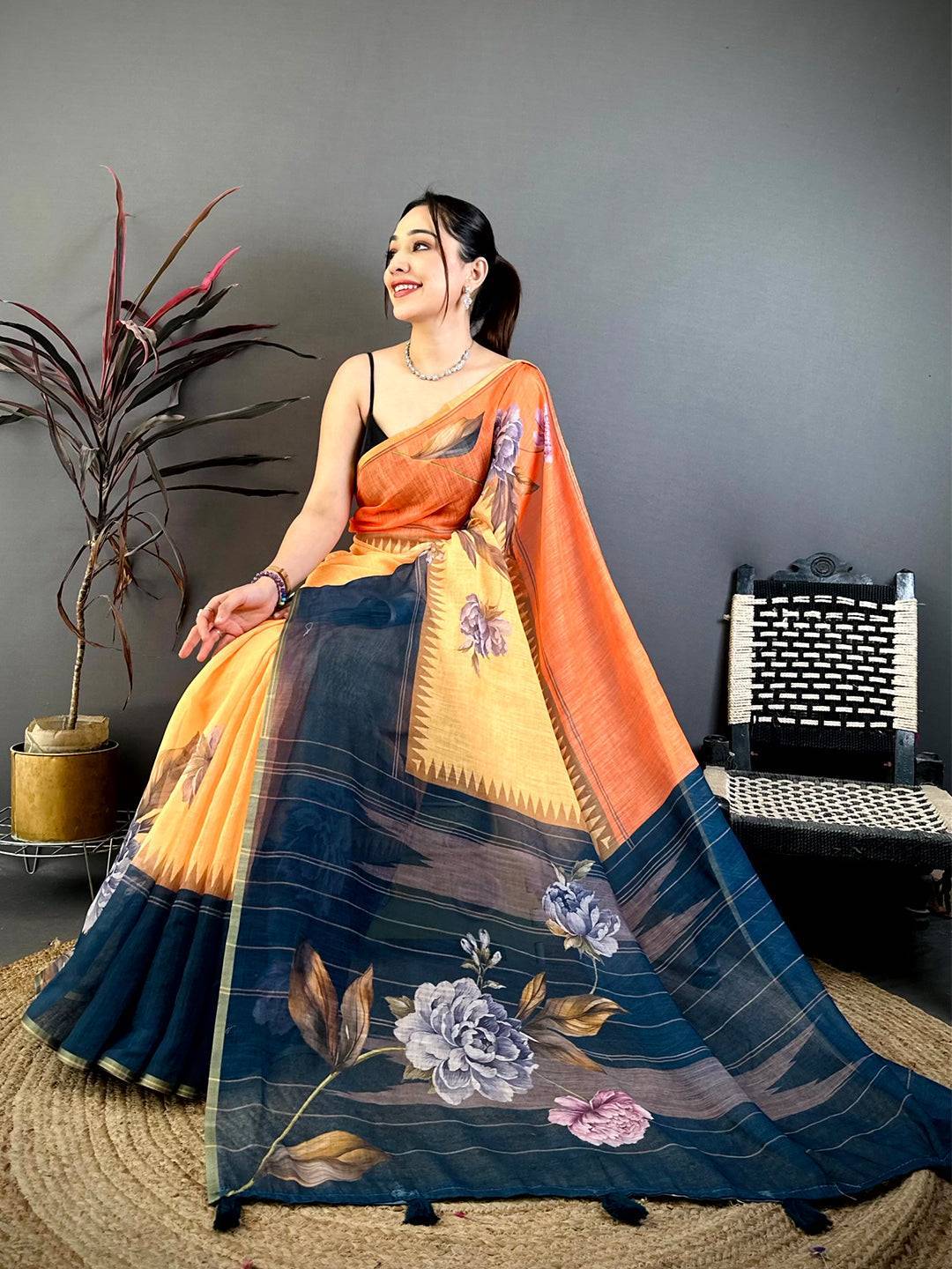 Royal Floral Linen Chanderi Saree