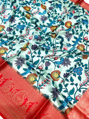 Turquiose Floral Printed Banarasi Saree