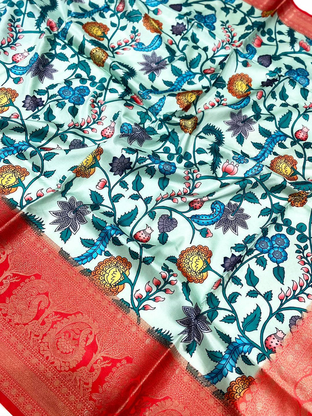 Turquiose Floral Printed Banarasi Saree