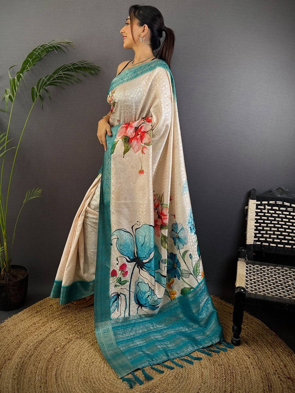 Light Cream Digital Print Soft Dola Silk Saree