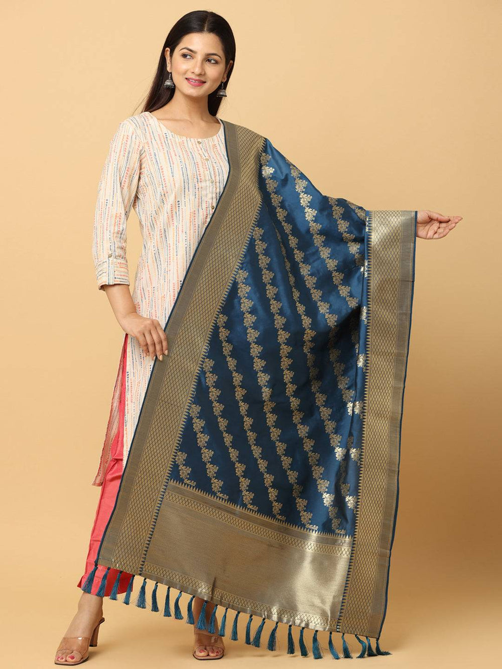 Teal woven design dupatta with resham tassels