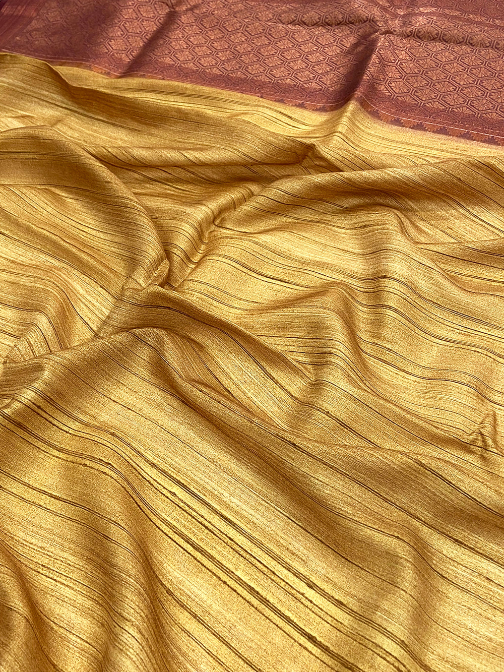 Golden Yellow Tussar Ghicha Print Saree