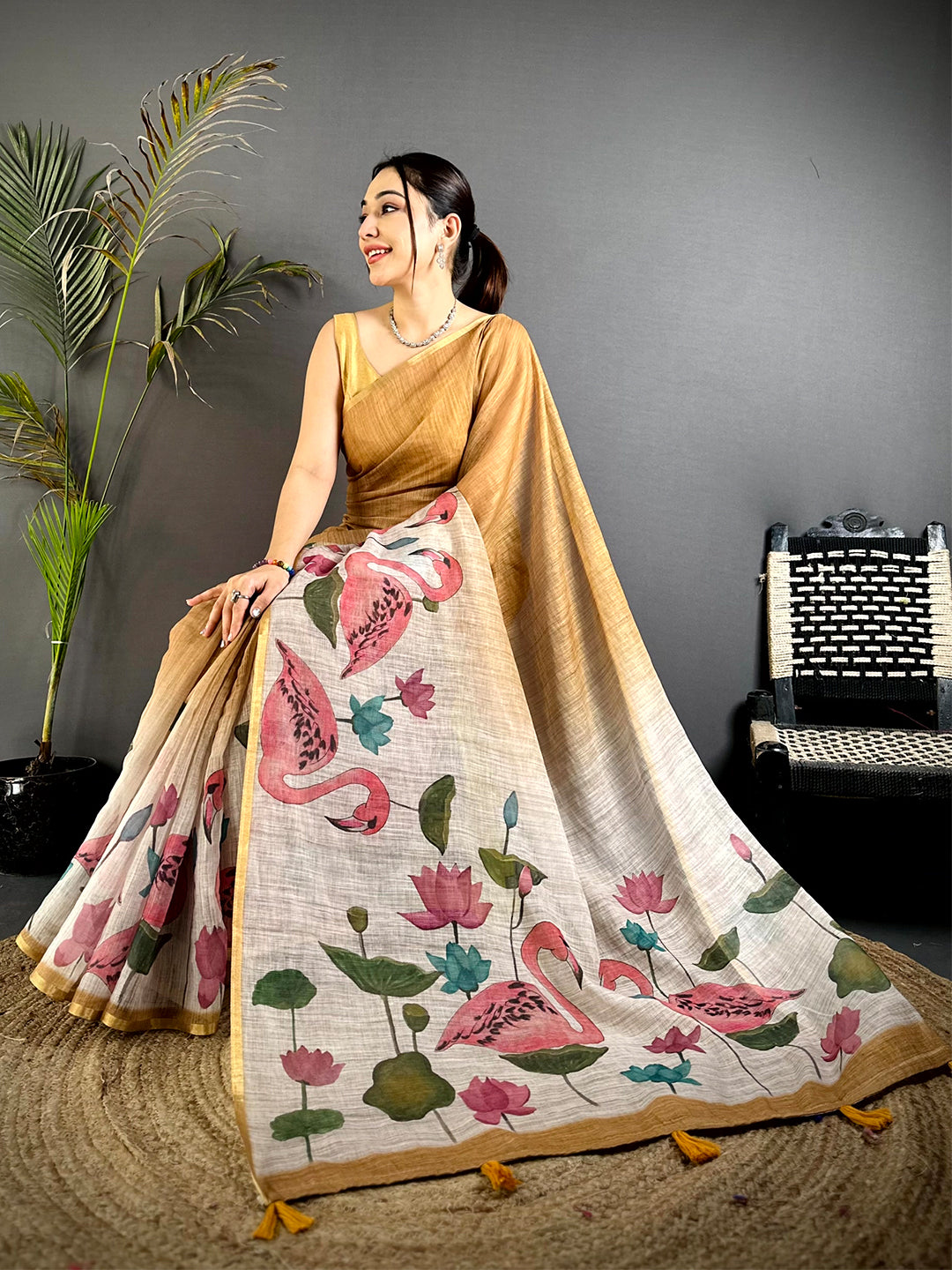 Mustard Swan Gold Zari Linen Saree