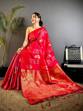 Red Sona Chandi Striped Silk Saree