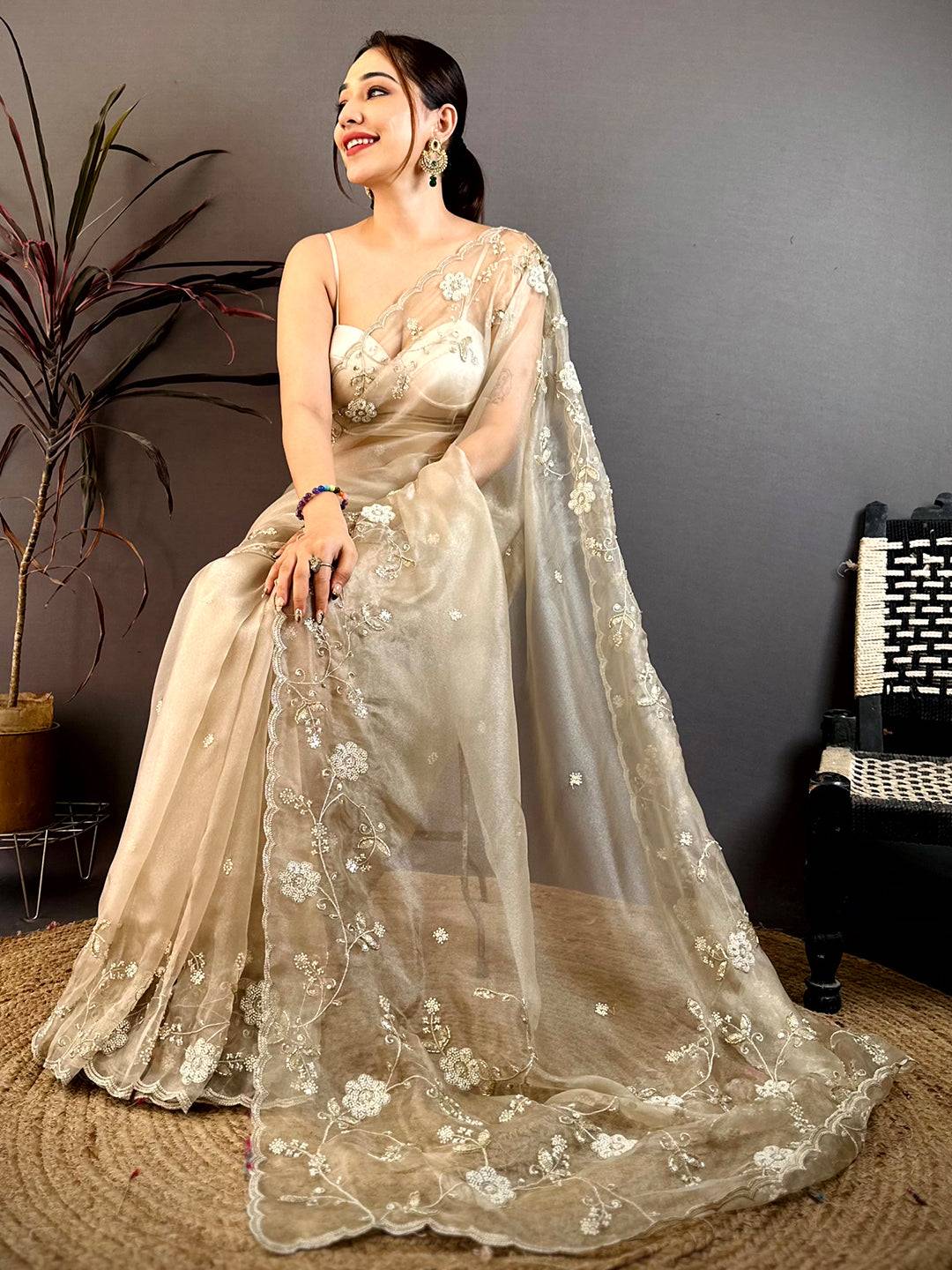 Cream Pearl Work Glass Organza Saree