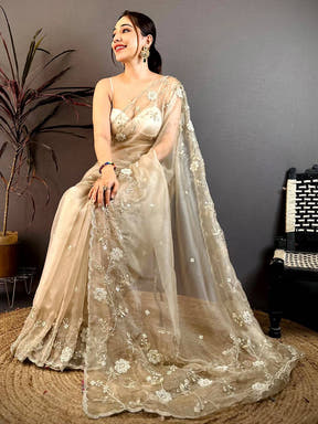 Cream Pearl Work Glass Organza Saree