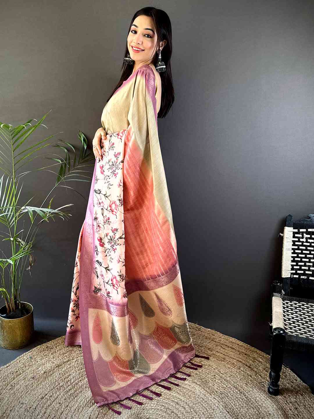 Beige Soft Silk Placement Digital Print Saree