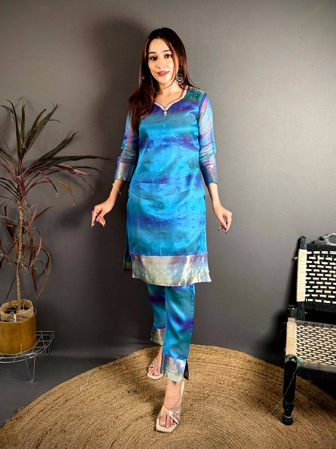 Classic Tissue Silk Paan Neck Kurti