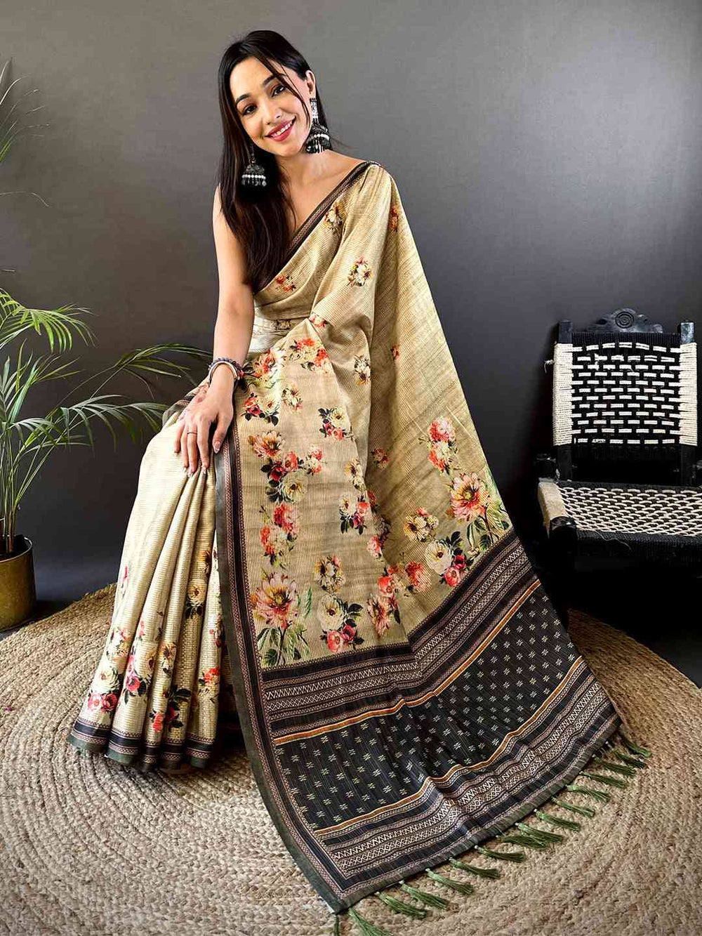 Floral Beauty in Beige Tussar Zari Saree