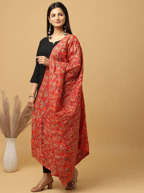 Model showcasing red poly chiffon pashmina dupatta