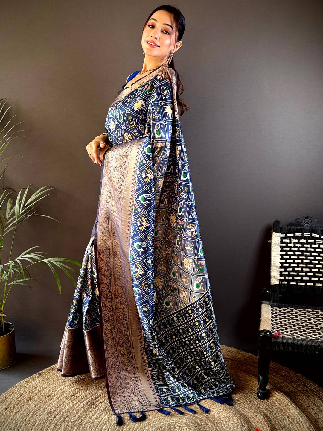 Elegant ombre navy soft silk saree with Patola design