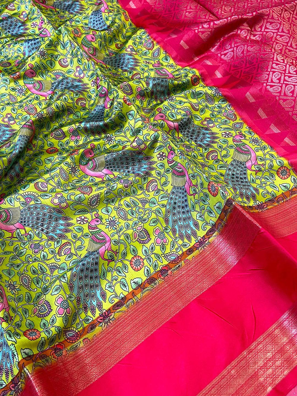 Lime Green Banarasi Silk Peacock Floral Saree