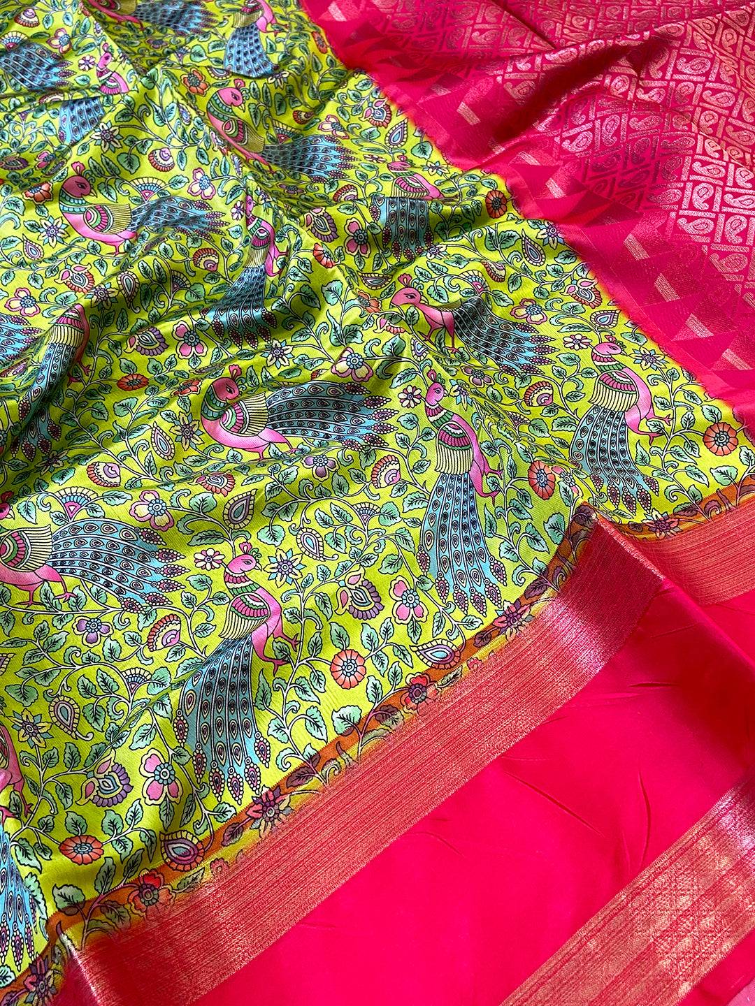 Lime Green Banarasi Silk Peacock Floral Saree