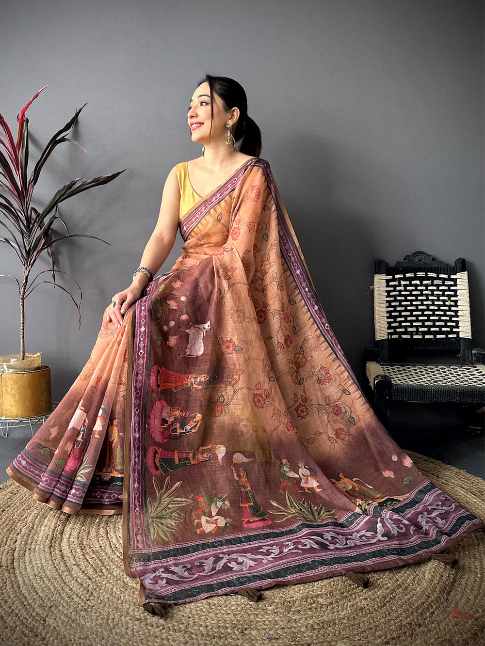 Radiant Pen Kalamkari Digital Linen Saree