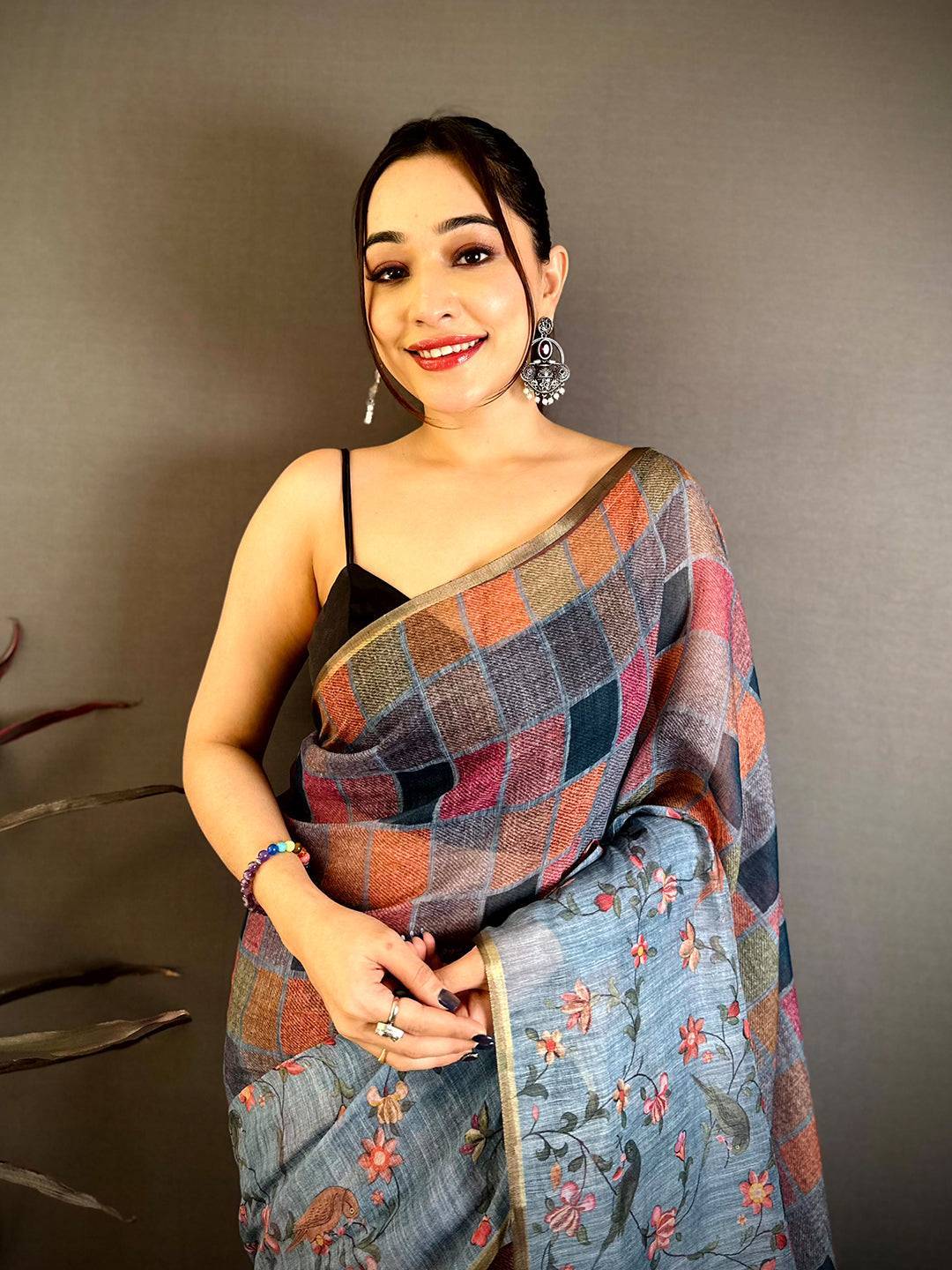 Regal Multicolor Block Print Linen Saree