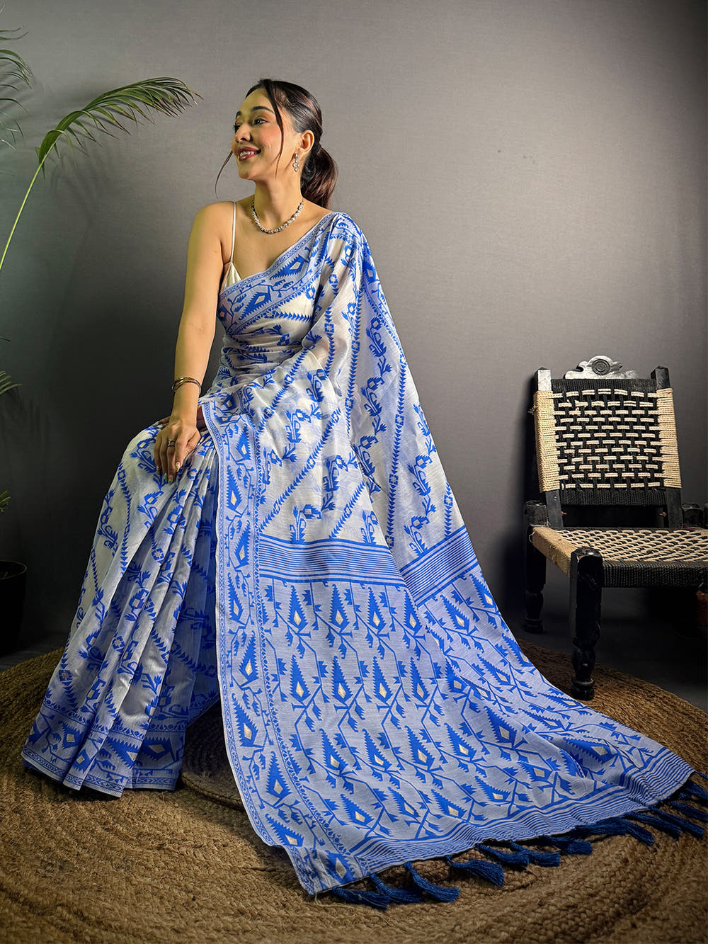 Jamdani Blue Colour Ethnic Motif Design Silk Cotton Saree