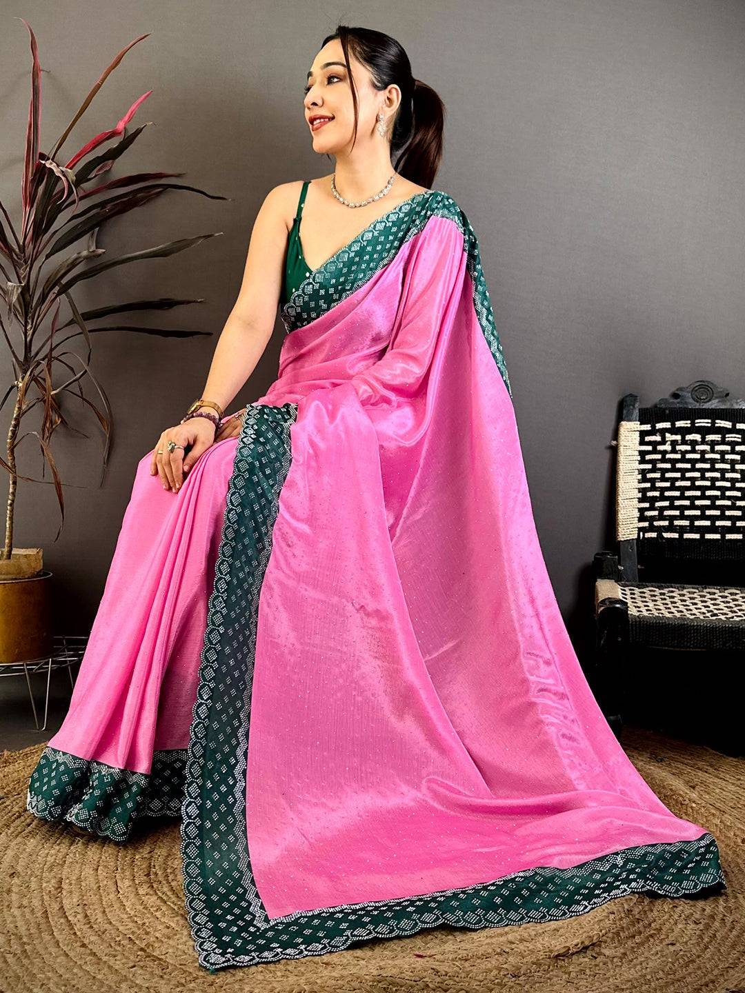 Rose Pink Poly Chiffon Diamond Stone Work Saree
