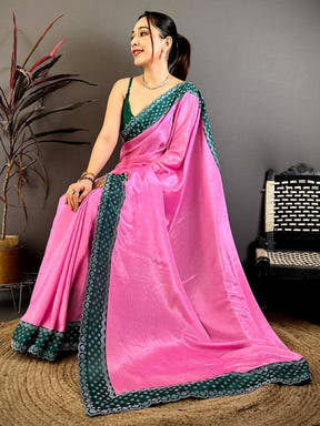 Rose Pink Poly Chiffon Diamond Stone Work Saree
