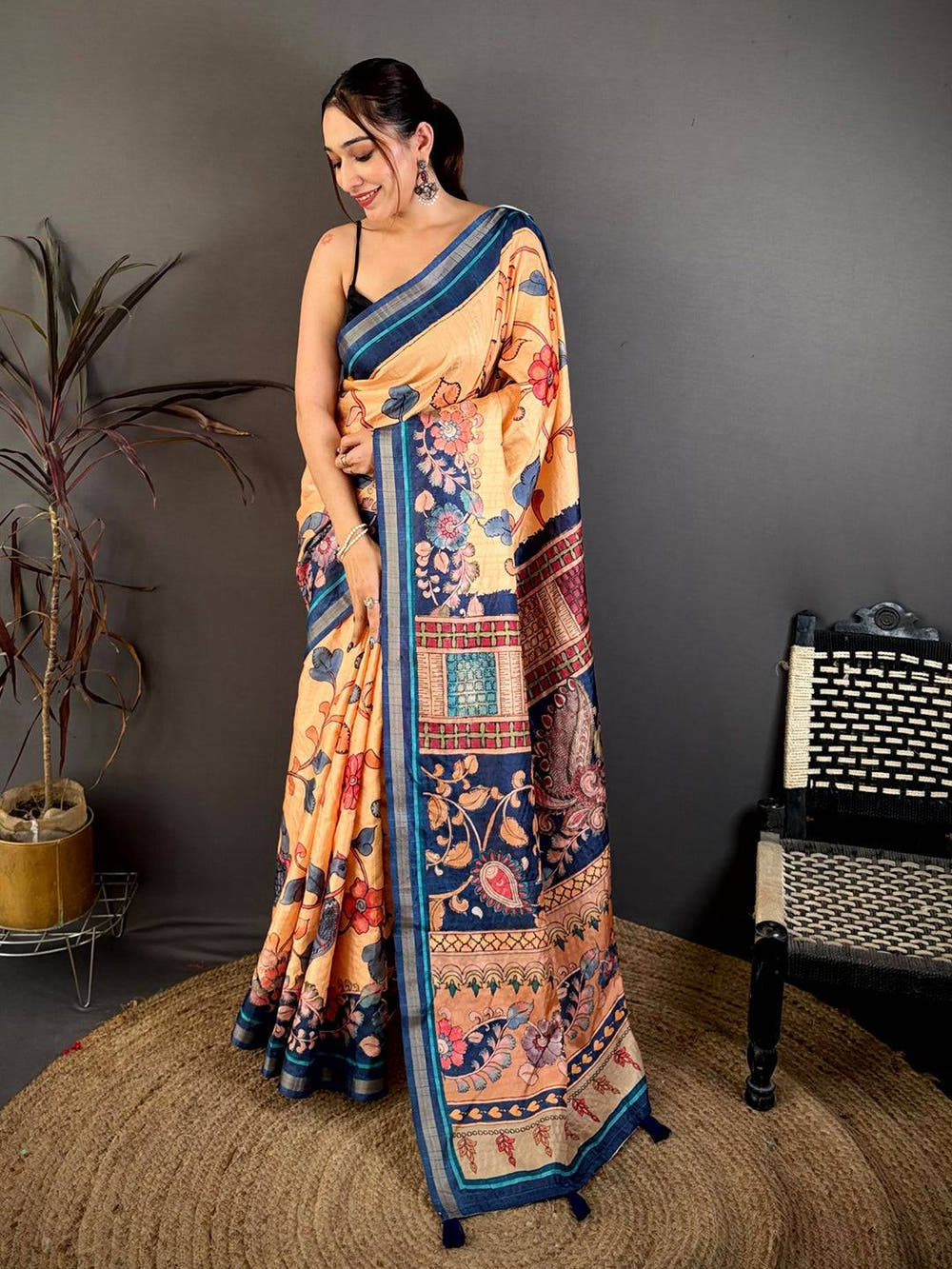 Radiant Bright Pen Kalamkari Tussar Saree