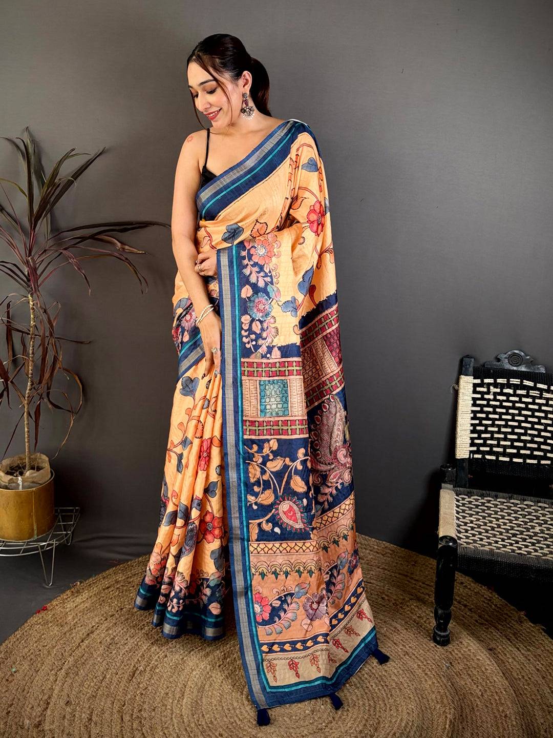 Radiant Bright Pen Kalamkari Tussar Saree