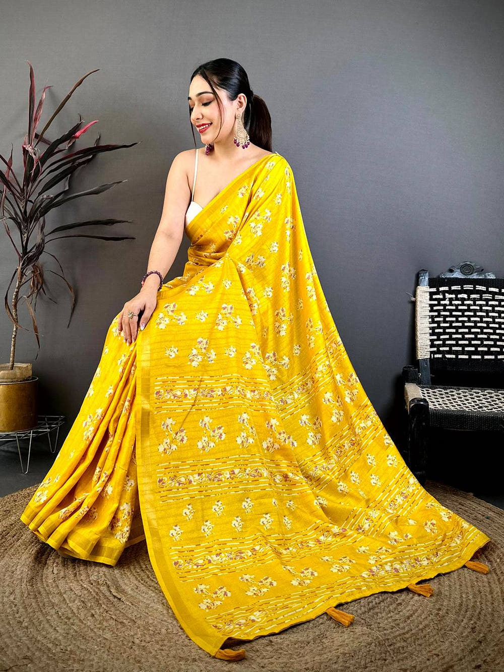 Yellow Tussar Ghicha Batik Floral Print Saree