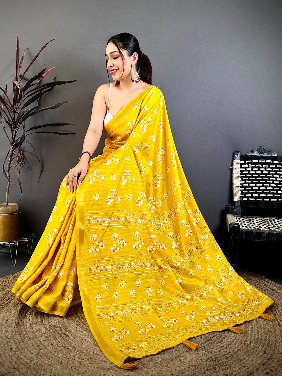 Yellow Tussar Ghicha Batik Floral Print Saree