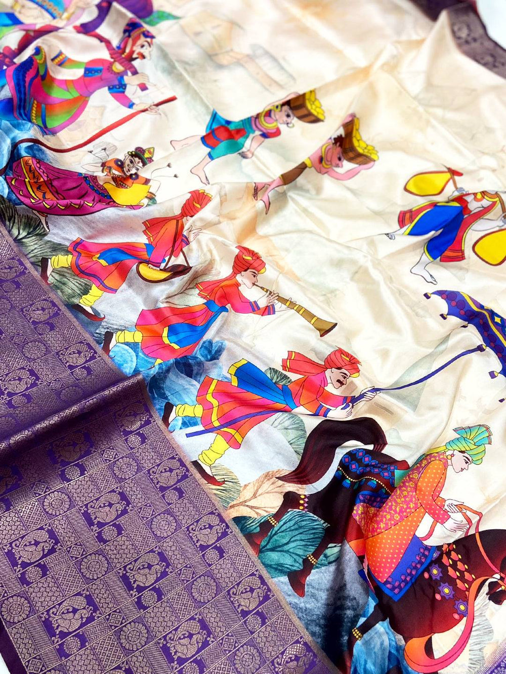 Cream Soft Banarasi Silk Digital Print Saree