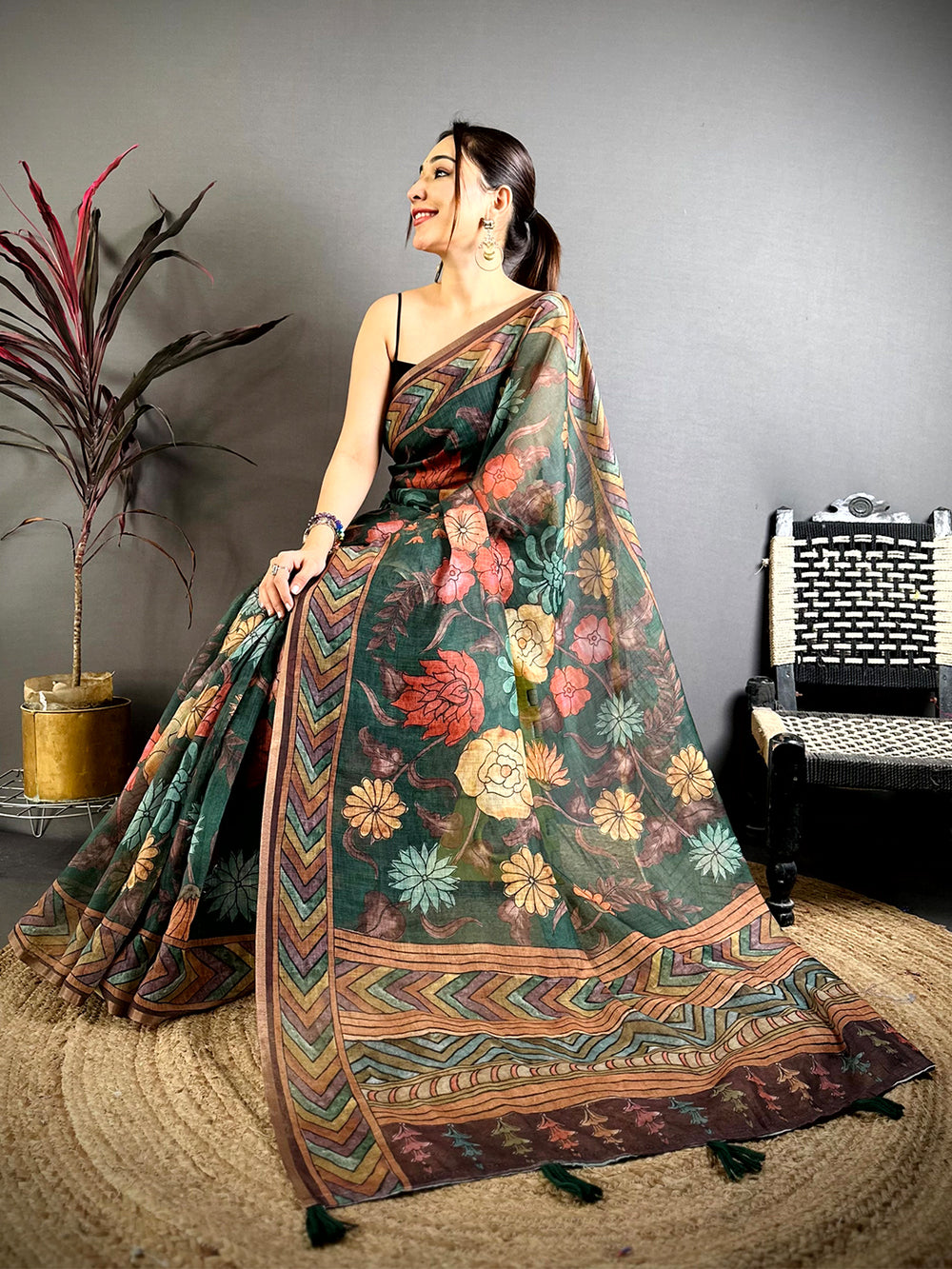 Green Kalamkari Linen Chanderi Saree