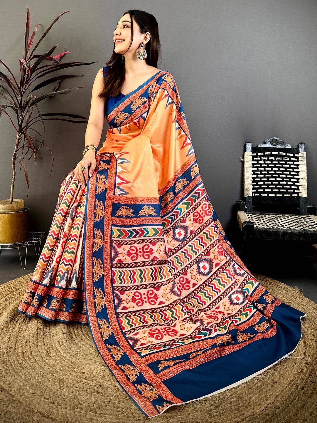 Orange Tanjore Ikkar Digital Tussar Saree