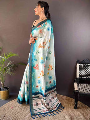 Powder Blue Floral Digital Print Silk Saree