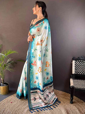 Powder Blue Floral Digital Print Silk Saree