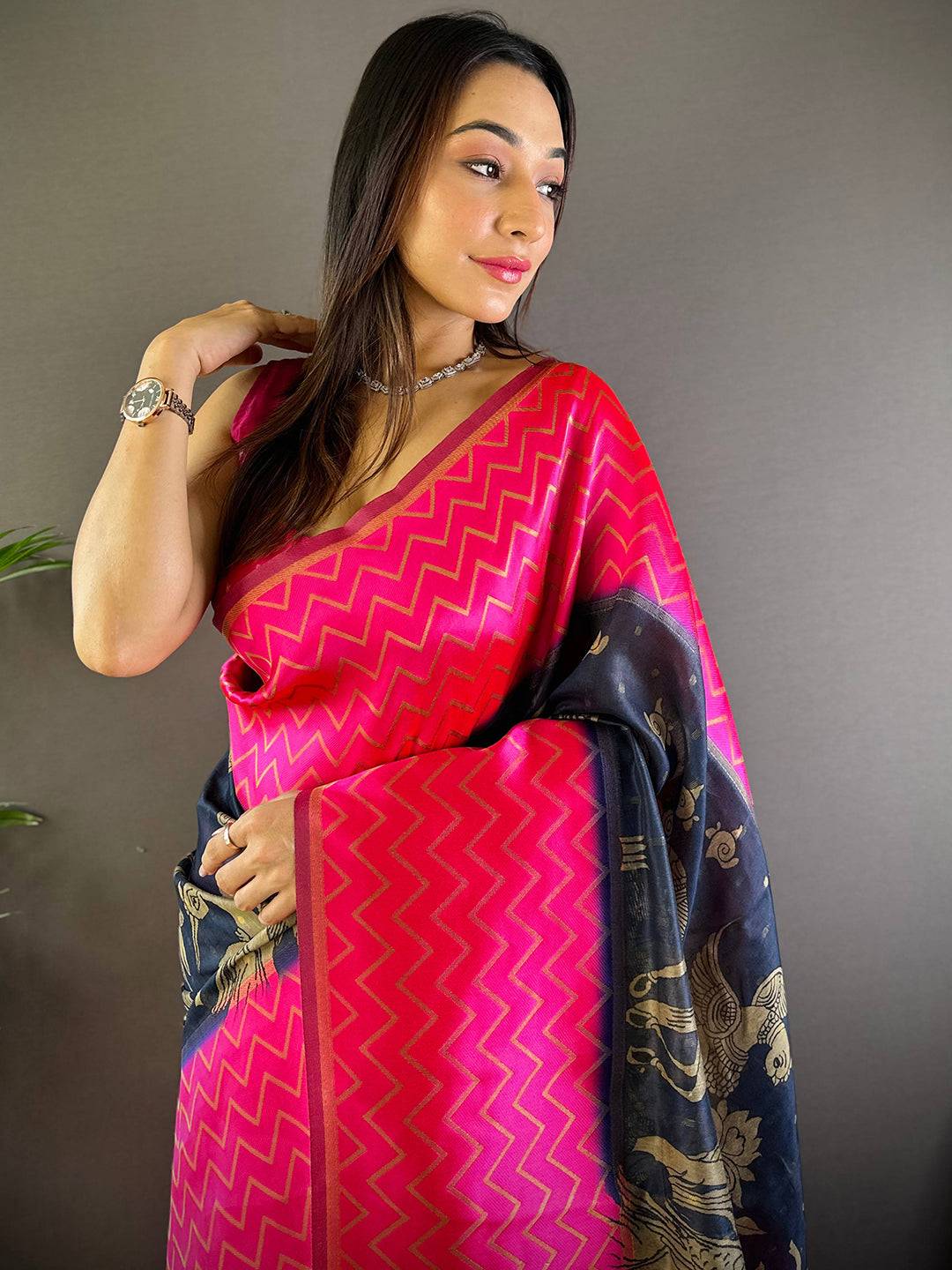 Pink Heritage Weave Kalamkari Soft Silk Saree