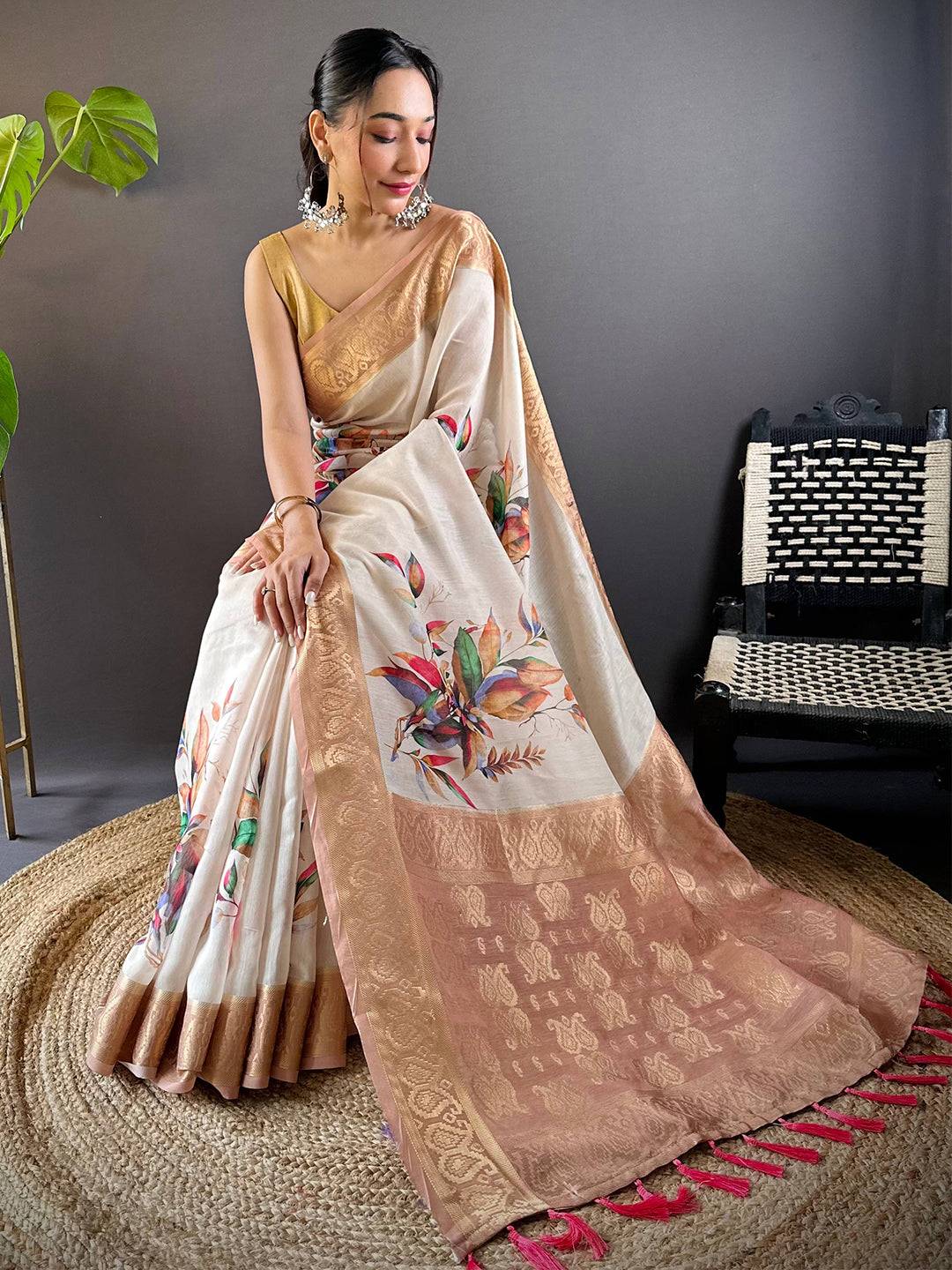 White Floral Cotton Rich Pallu Saree