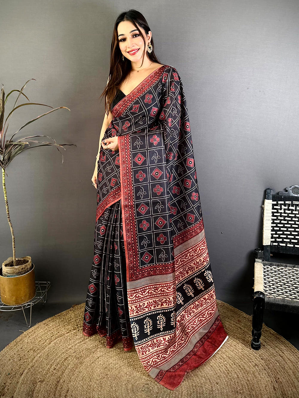 Elegant Tussar Ajrakh Geometric Floral Saree